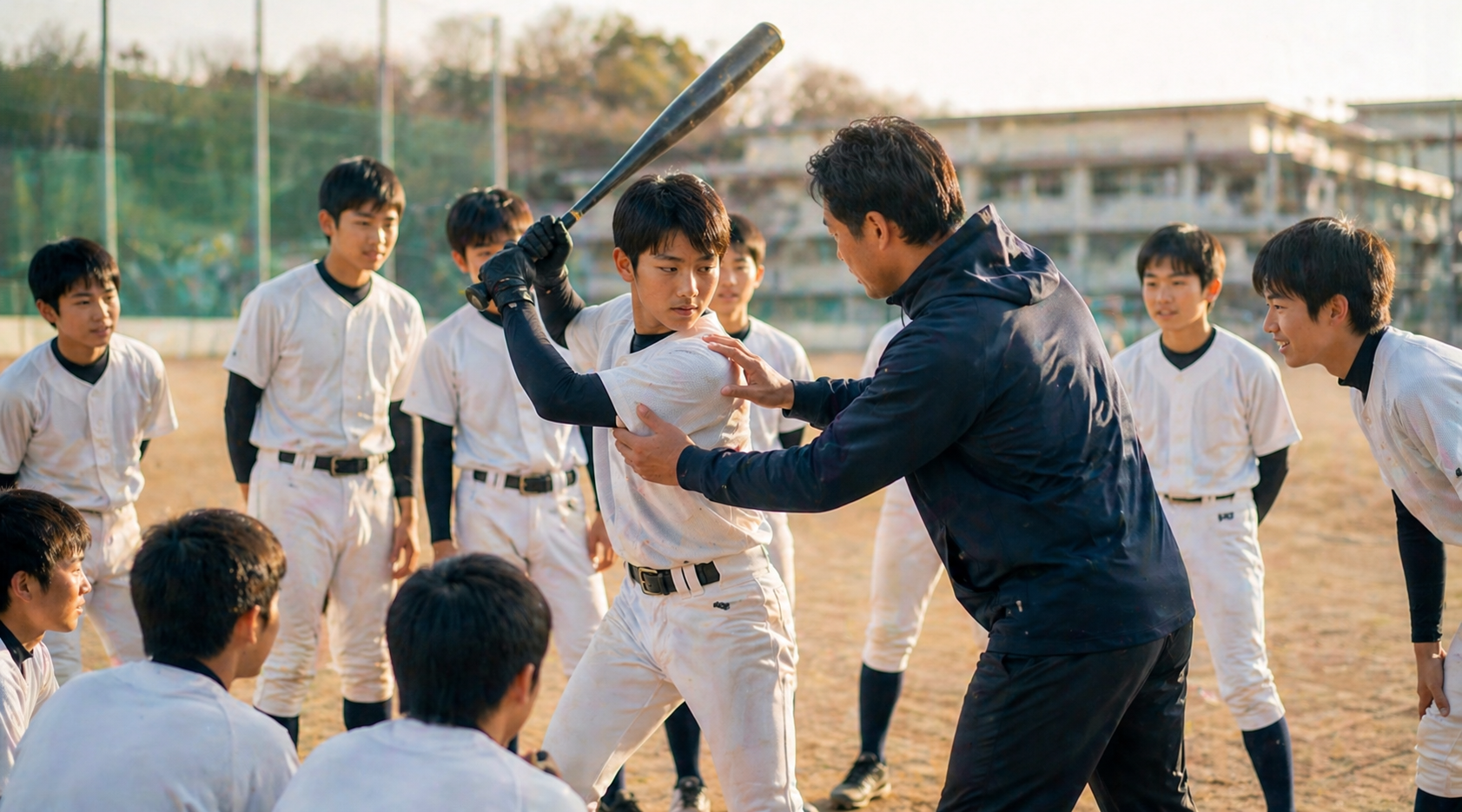 地域指導者が中学生に野球を指導している様子