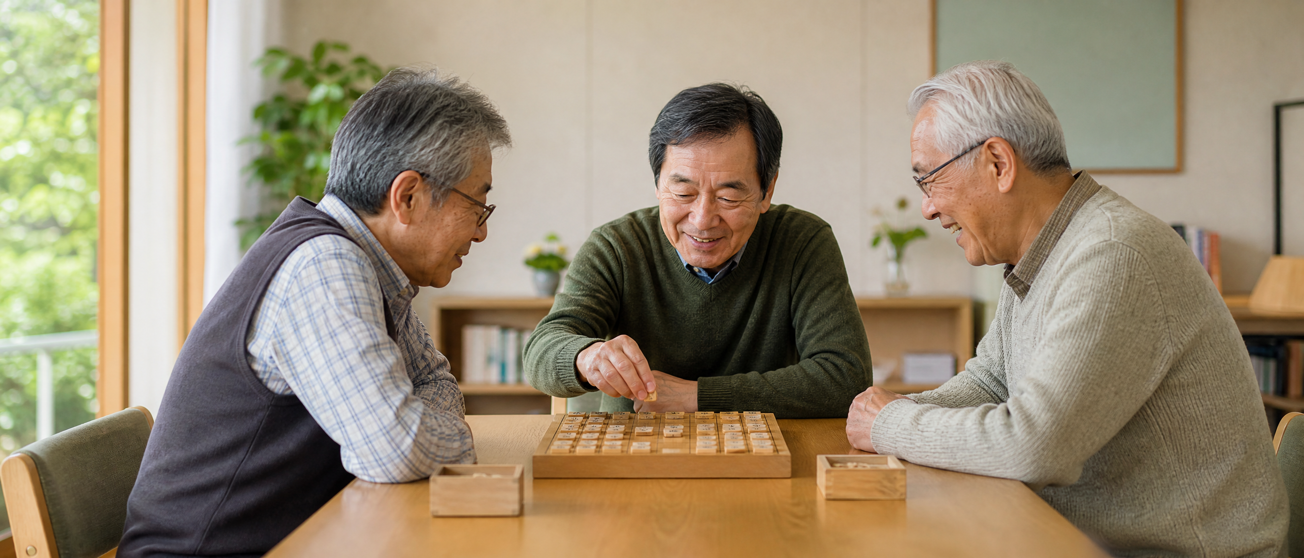 60代から70代の男性がコミュニティセンターで将棋を楽しむ様子