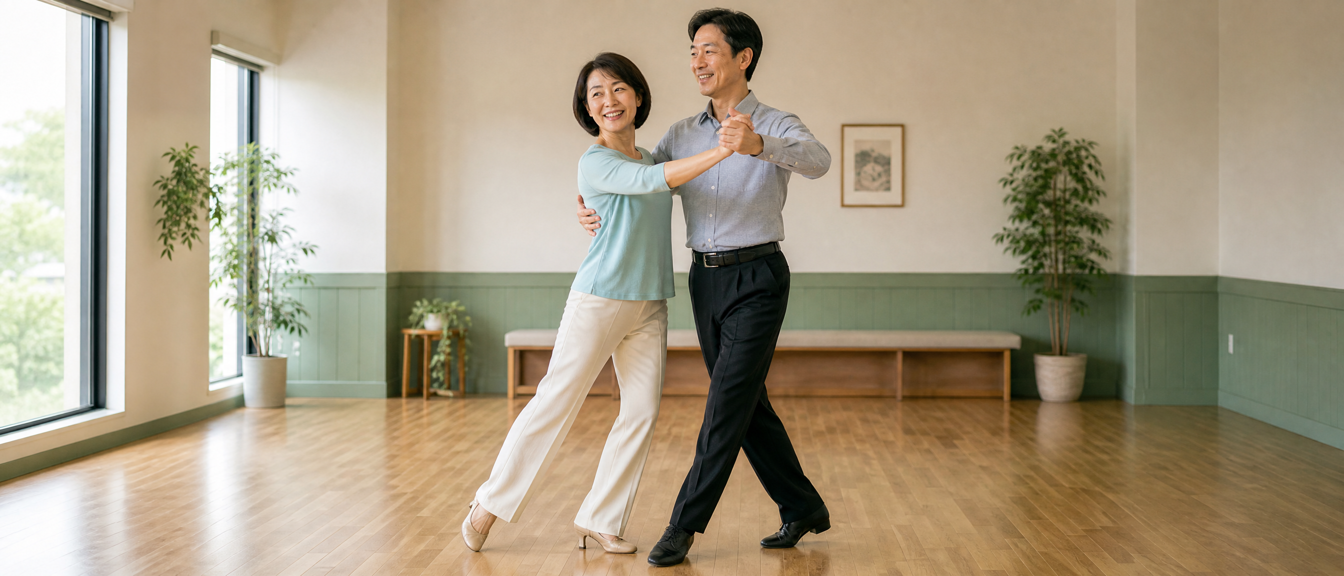 40代の男女が地域の講座で社交ダンスを楽しむ様子